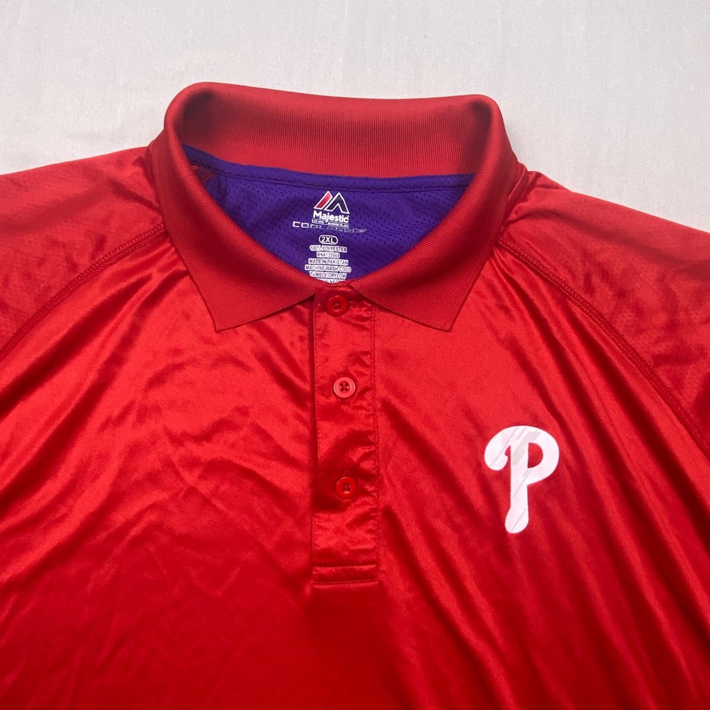 Majestic Cool Base Philadelphia Phillies Polo Shirt Mens 2XL Red MLB Baseball